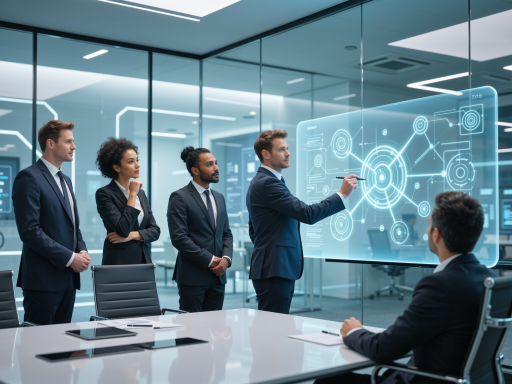 资深技术专家团队，五名技术人员穿着正装，站在现代化办公室内，面带微笑，蓝色背景，专业氛围